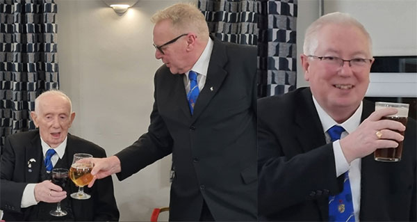Pictured left: Mark Thomas (right) congratulates Harry. Pictured right: John Murphy proposes the toast to Harry Unsworth. Pictured left: Mark Thomas (right) congratulates Harry. Pictured right: John Murphy proposes the toast to Harry Unsworth.