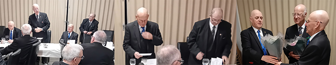 Pictured left: Stephen Walls responding to his toast. Pictured centre: Jim Gwyther (left) responding to the toast from Ken Bullen. Pictured right from left to right, are: David Atkinson and Stephen Walls receiving flowers from Jim Gwyther. Pictured left: Stephen Walls responding to his toast. Pictured centre: Jim Gwyther (left) responding to the toast from Ken Bullen. Pictured right from left to right, are: David Atkinson and Stephen Walls receiving flowers from Jim Gwyther.