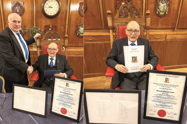 Pictured left: Alan Taylor (left) with Kenneth Taylor. Pictured right: Kenneth Taylor with certificate, seating plan and script.