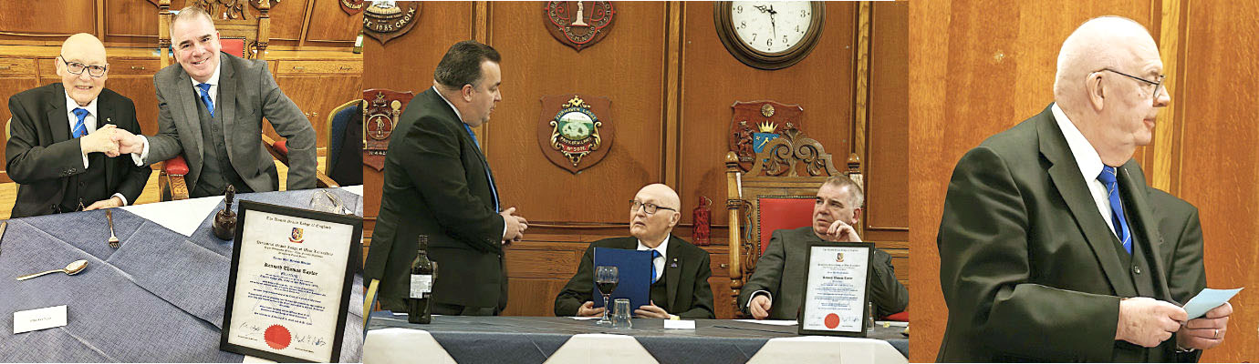 Pictured left: Darren Collins (right) congratulates Kenneth Taylor. Pictured centre from left to right, are: Michael Tax, Kenneth Taylor and Darren Collins. Pictured right: Ted Rhodes proposes a toast to Kenneth Taylor.