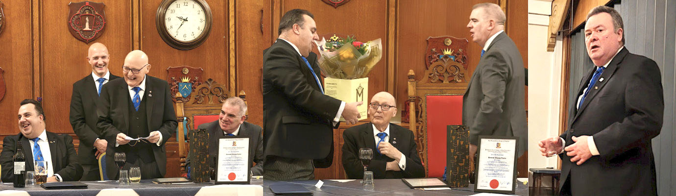 Pictured left: Ken Taylor (centre) comments on Ted Rhodes Jaguar. Pictured centre: Michael Tax (left) receives flowers from Darren Collins (right). Pictured right: John Nicholls delivers the tyler’s toast.