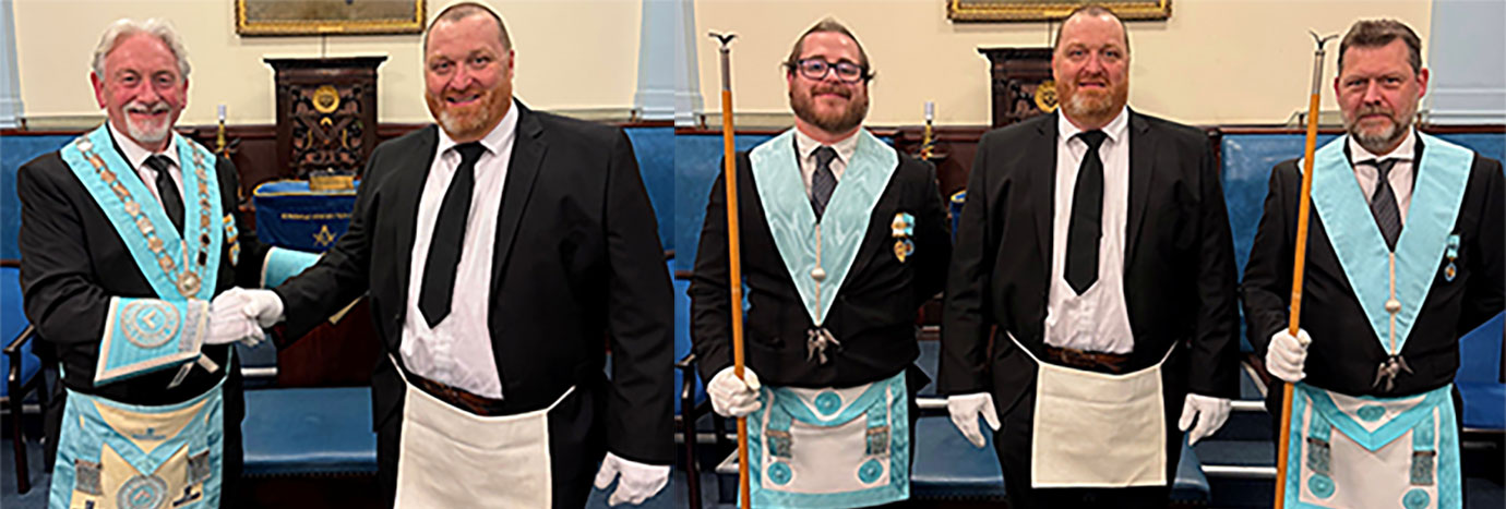 Pictured left: Ivan Guy (left) congratulates Bernard Tague. Pictured right from left to right, are; Junior deacon Callum Gillet, Bernard Tague and senior deacon Dave Ward.