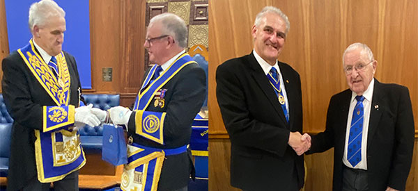 Pictured left: Andrew Whittle (left) with David Marlor presenting the Trafford Treats. Pictured right: Andrew Whittle (left) congratulating Allan Roberts.