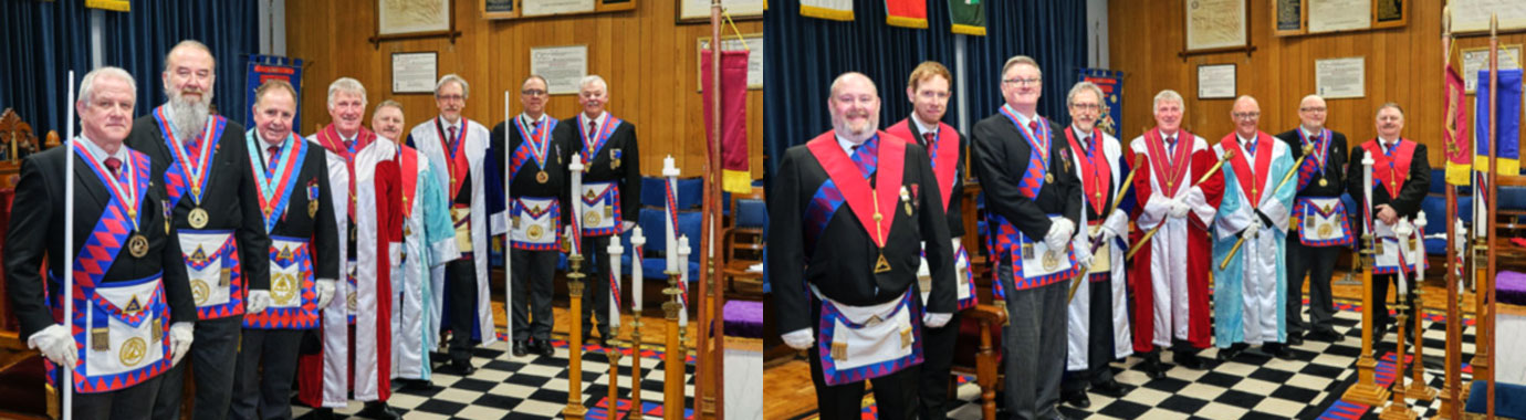 Pictured left from left to right, are: Barry Corcoran, Andy Baxendale, Graham Chambers, Ian Bordamn, Eric Miler, David Gordon-Williams, Martin Stewart and John Pitches. Pictured right from left to right, are companions of the chapter: Sammy Owens, David Banks, Robert Duff, David Gordon-Williams, Ian Boardman, John Thompson, Steve Foster and Eric Miller.