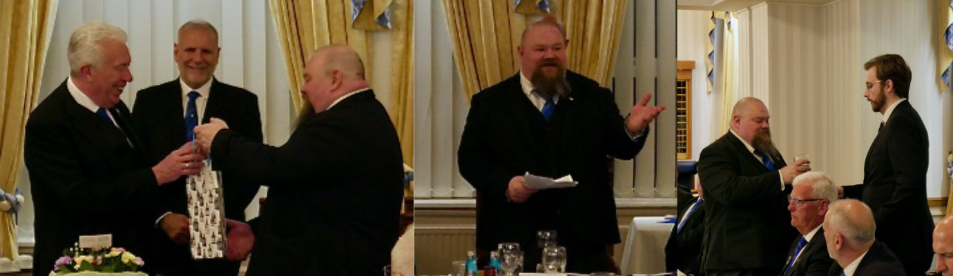 Wayne Beacher (right) presents a gift to Mark Matthews. Pictured centre: Wayne Beacher responds to the toast to his health. Pictured right: Matthew Baldwin (right) sings the Master’s Song to Wayne.