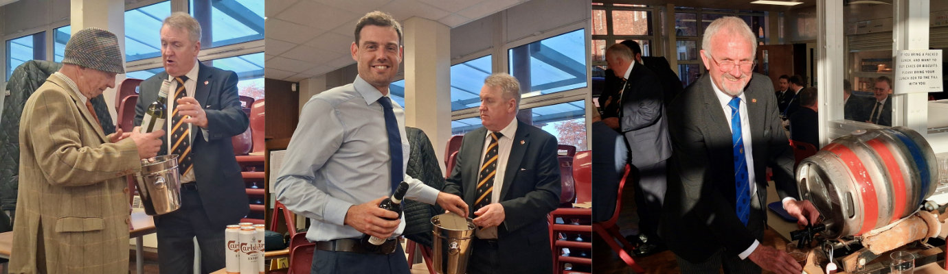 Pictured left: George Green (left) with Dave Johnson. Pictured centre: Chris Heyes (left) with Dave Johnson. Pictured right: Derek Midgley pulls his pint from the 72 pint barrel of beer.