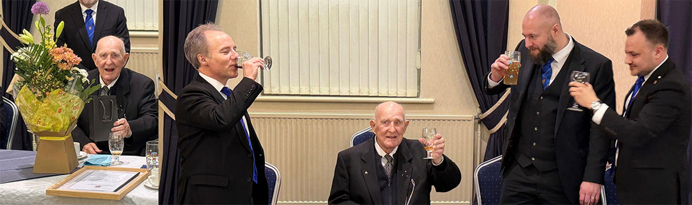 Pictured left; Bob receiving flowers and gifts from lodge members, along with the script of his life and Masonic history and his 50-year certificate. Pictured right: Toasting Bob’s health from left to right, are: Jonathan, Bob, Kieran and Adam Dennett.