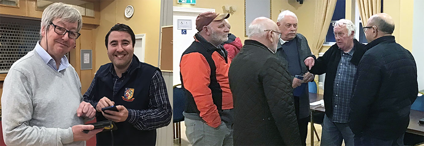 Pictured left: Mick Southern (right) explains the Ticket Tailor app to Stephen Gregory. Pictured right: Jeff Lucas (second right) discusses strategy with members of the group stewarding team.