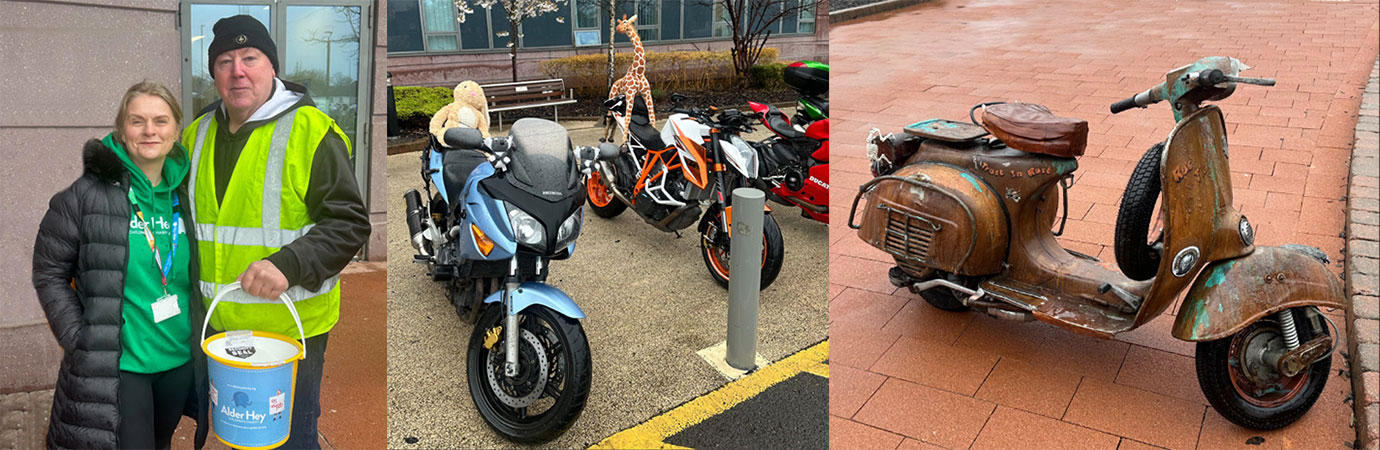 Pictured left: Geoff Bell and Joanne Bartels from Alder Hey Charity. Pictured centre; Bikes and toys, dressing the bikes up for the ride. Pictured right: ‘In rust we trust’, scooters out in the rain.