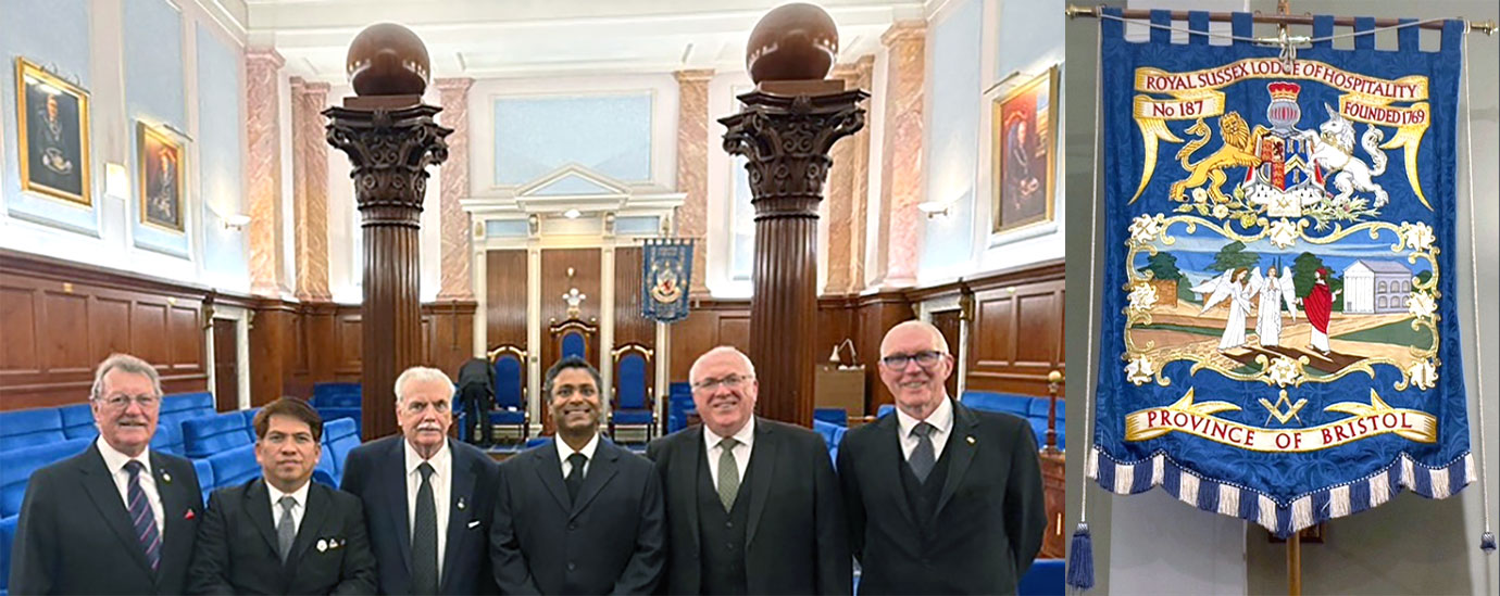 Pictured left from left to right, are: Paul Hankinson, Jun Ranario, Kevin Dempster, Mogan Ahmanathan, Ray Fitzsimmons and Neil Francis. Pictured right; Royal Sussex Lodge of Hospitality banner.