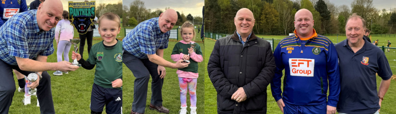 Pictured left and centre: David Atkinson presents trophies to two of the Portico Panther’s raising stars. Pictured right: David Atkinson, Michael McBride and Kevin O’Connell attend a training session.