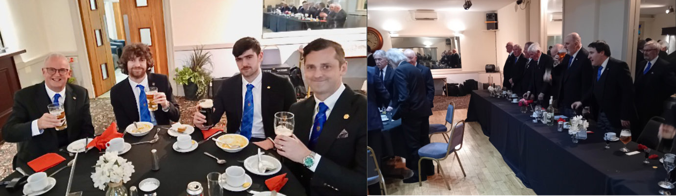 Pictured left from left to right, are: Gary Mason, Fraser Mason, Alex Mason and David Mason. Pictured right are: brethren upstanding for the first toast at the festive board. Pictured left from left to right, are: Gary Mason, Fraser Mason, Alex Mason and David Mason. Pictured right are: brethren upstanding for the first toast at the festive board.