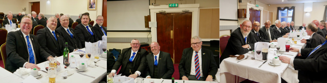 Pictured left from left to right, are: Andy Greenlees, Paul Cummings, Chris Hardingham, Adam Simpson and Geoff Diggles. Pictured centre from left to right, are: David Sangster, Kevin Rigg and Jim Gregson. Pictured right: brethren enjoying the festive board