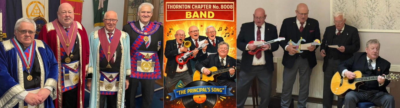 Pictured left from left to right, are: Graham Scott, Jason Hengler, John Roxburgh and Andrew Whittle. Pictured centre: Thornton Chapter Rock Band poster. Pictured right from left to right, are: the Thornton Chapter Rock Band musicians, Stephen Oliver, Stephen Dunn, Len Hudson and Ian Gee.