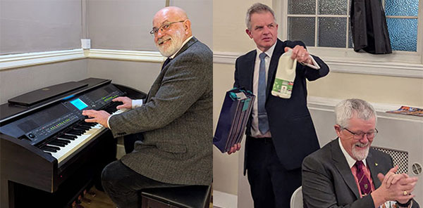 Pictured left: Paul Rigby on the piano. Pictured right: Stuart Boyd receiving his gift.