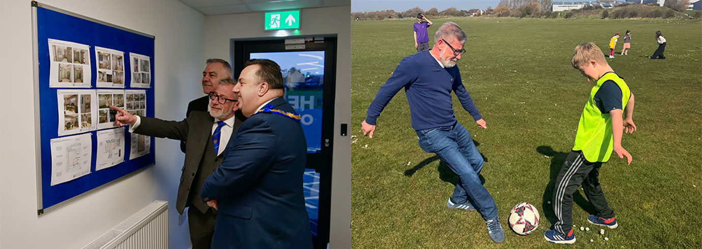 Pictured left from front to back at the picture board, are: Michael, Robert and Stephen. Pictured right; Robert Marsden showing off his football skills. Pictured left from front to back at the picture board, are: Michael, Robert and Stephen. Pictured right; Robert Marsden showing off his football skills.