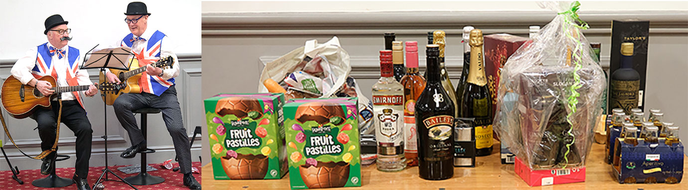 Pictured left; The musicians, Alan Harding (left) and Aiden Murphy. Pictured right; Abundance of raffle prizes Pictured left; The musicians, Alan Harding (left) and Aiden Murphy. Pictured right; Abundance of raffle prizes