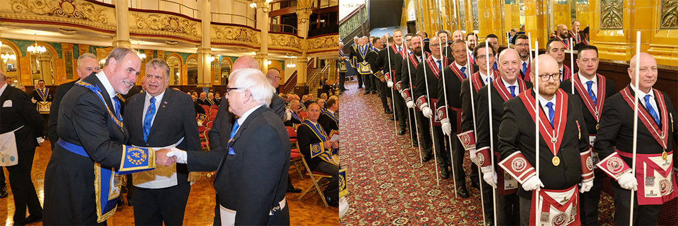 Pictured left: Frank Umbers (left) introducing himself to our newer brethren. Pictured right: Provincial Grand Stewards.
