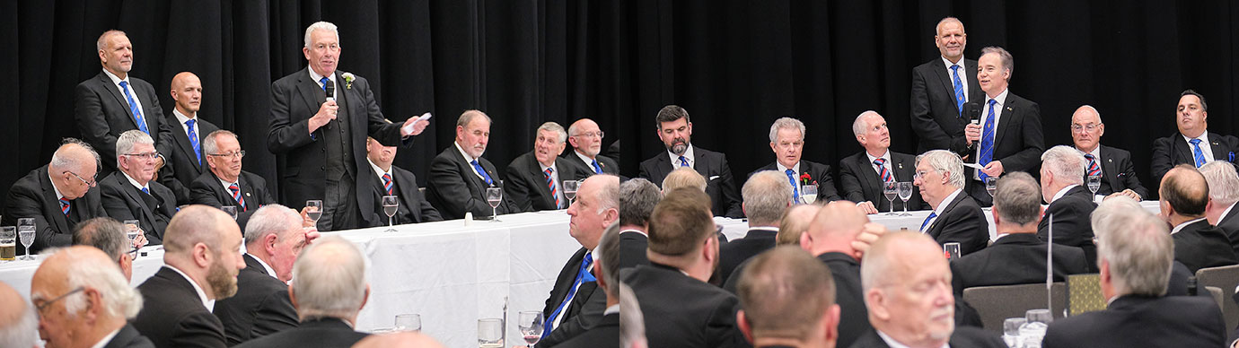 Pictured left: Mark Matthews addresses the 600 diners. Pictured right: Jonathan Heaton delivered an excellent toast to those brethren who had received first appointments and promotions.