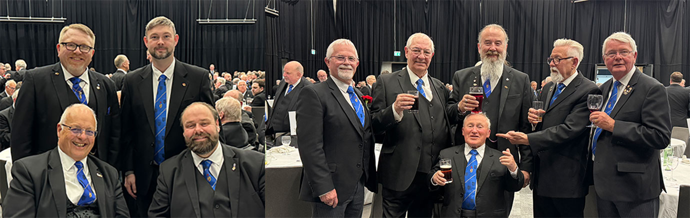 Pictured left: Out with the old in with the new, standing: SW Alan Ledger (left) and JW Paul Wharton-Hardman. Seated: Outgoing SW John Reynolds (left) and JW Ezra McGowen. Pictured right: Brethren enjoying the festive board.