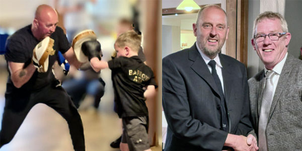 Pictured left: A Barrow Amateur Boxing Club member goes through his paces on the pads. Pictured right: Group chairman Chris Gray (right) presents a cheque to Duddon Inshore Rescue