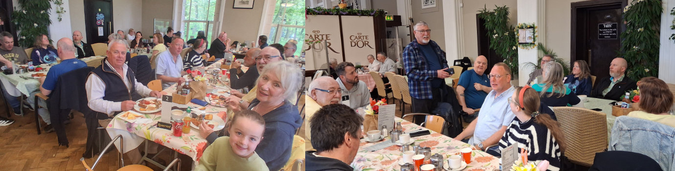 Pictured left from left to right, are: John Topping (centre), Andy Greenlees, David Calvert and Gina Topping. Pictured right, Ian Fell (standing) thanking everyone for their attendance.