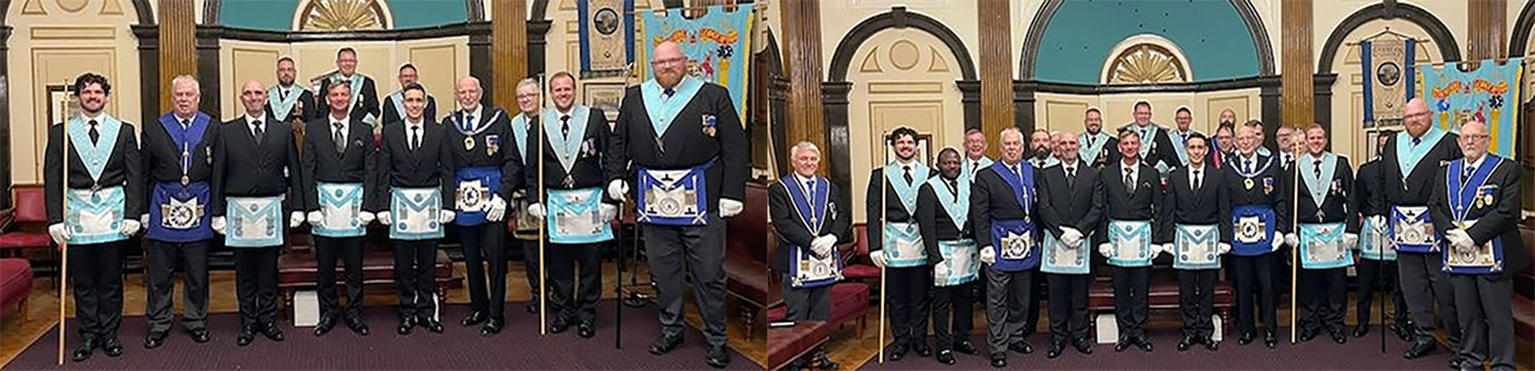 Pictured left: The WM, wardens, and principal guests. Pictured right: Guests and brethren of Old Masonians West Lancashire Lodge.