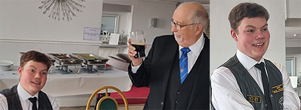 Pictured left: David (left) proposes a toast to his grandson. Pictured right: George responds to the toast to his health. Pictured left: David (left) proposes a toast to his grandson. Pictured right: George responds to the toast to his health.