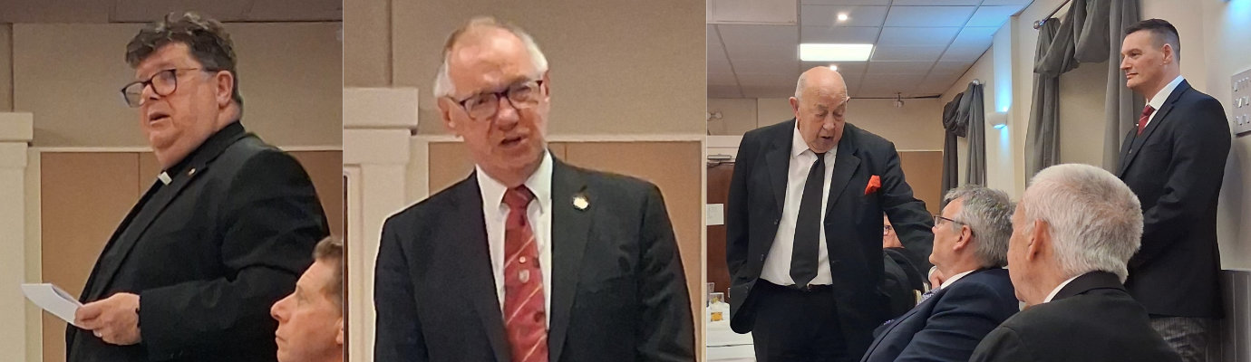 Pictured left: Rev John Hall responds to the toast to his health. Pictured centre: John Robbie Porter proposes the toast to the three principals. Pictured right: Tom Dunne (standing left) responds to the toast to the three principals. Pictured left: Rev John Hall responds to the toast to his health. Pictured centre: John Robbie Porter proposes the toast to the three principals. Pictured right: Tom Dunne (standing left) responds to the toast to the three principals.