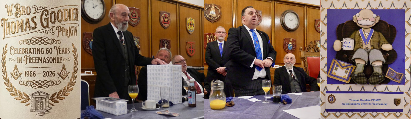 Pictured left: Poster for the celebration meeting. Pictured centre left: Tom Goodier thanks the lodge for the gifts. Pictured centre right from left to right, are: Geoff Diggles, Michael tax and Tom Goodier. Pictured right: Front cover of the celebration card signed by everyone present.