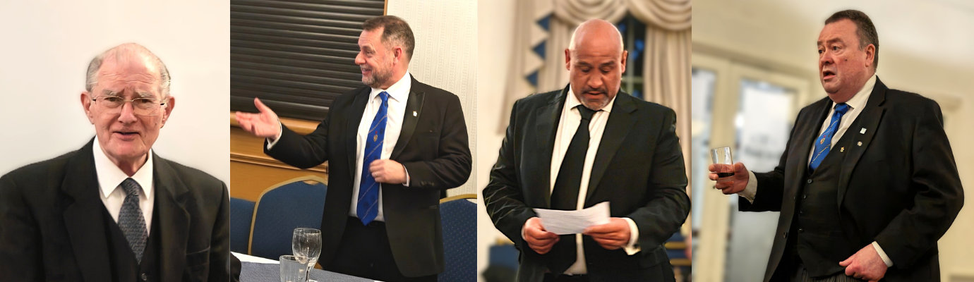 Pictured left: Mike Boxhall. Pictured centre left: Darren Clemson toasts Tony Rowbotham. Pictured centre right: Tony Rowbotham returns the toast. Pictured right: John Nicholls delivers the tyler’s toast.