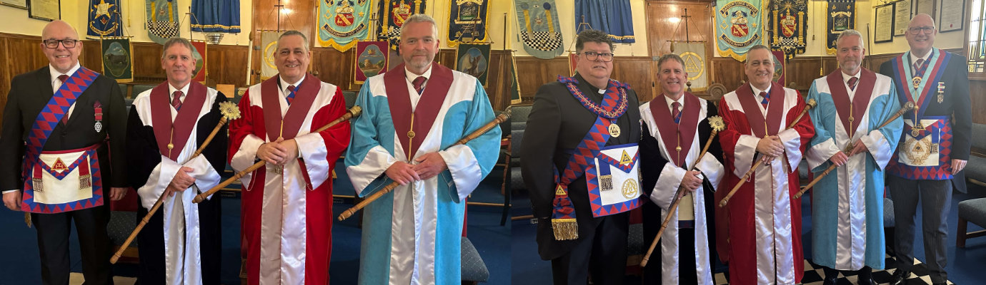 Pictured left from left to right, are: Alan Tomlinson, David Kyle, Steve Harris and Danny Wood. Pictured right from left to right, are: Rev John Hall, David Kyle, Steve Harris, Danny Wood and Gary Rogerson