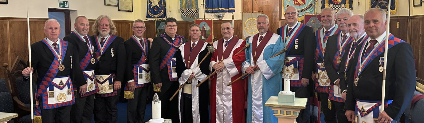 Three principals (centre) with Rev John Hall (centre left) and acting Provincial grand officers