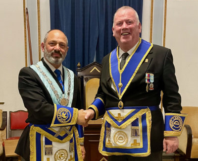 WM James Rashid (left) with immediate past master Juan Topping. WM James Rashid (left) with immediate past master Juan Topping.