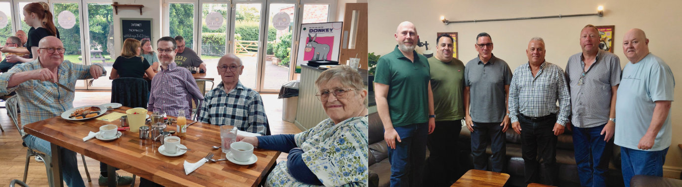 Pictured left from left to right, are: Peter Ivory, Mel Ashe, Roger Stenton and Mary Stenton. Pictured right from left to right, are: Chris Noden, Michael Tax, Eddie Wilkinson, John Topping, Andy Greenlees and Del Hernen.
