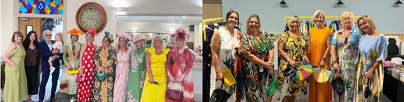 Pictured left: Mal Yates (third left) inviting guests to the hall. Pictured right: Ladies fashion. Pictured left: Mal Yates (third left) inviting guests to the hall. Pictured right: Ladies fashion.
