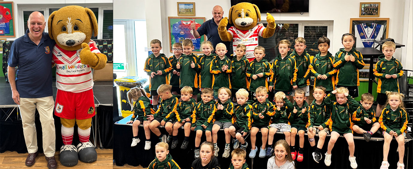 Pictured left: Dave Atkinson meets Saints mascot, Boots. Pictured right: Dave Atkinson and Boots are pictured with the players of Portico Panthers. Pictured left: Dave Atkinson meets Saints mascot, Boots. Pictured right: Dave Atkinson and Boots are pictured with the players of Portico Panthers.