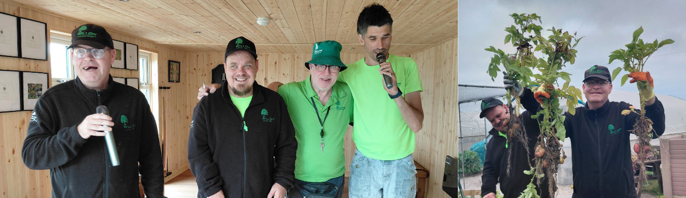 Pictured left from left to right, are: Ian, Liam, Phil and Dion demonstrating their singing skills. Pictured right:. Liam (left) and Ian with the potato crop.