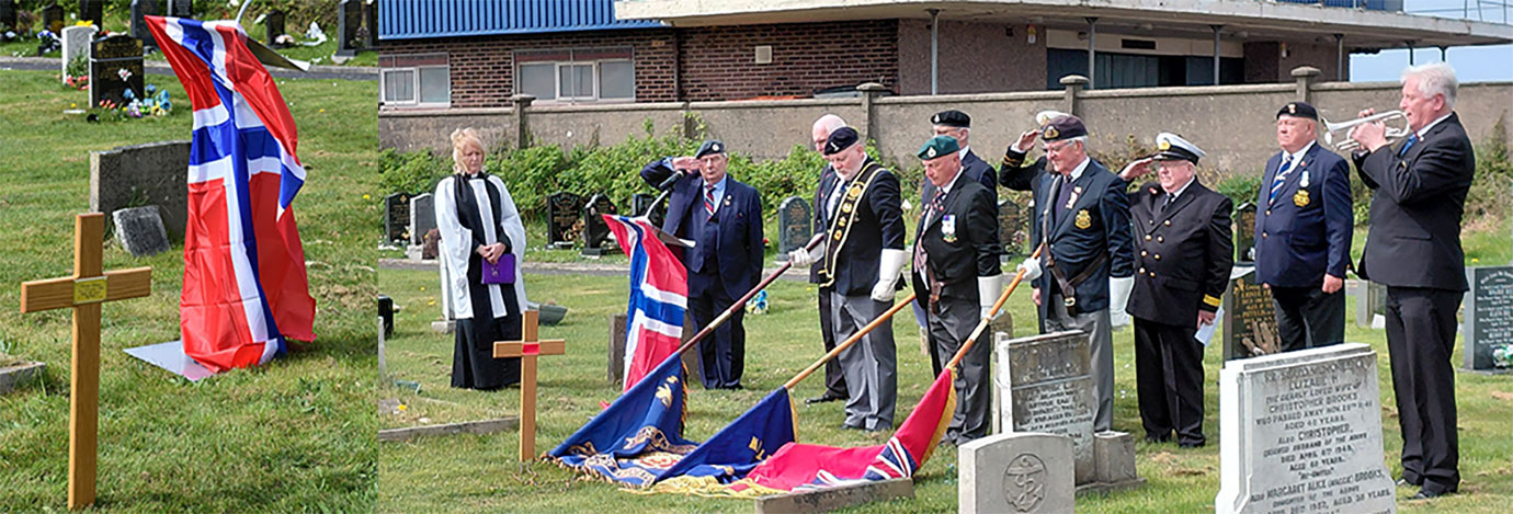 Pictured left: Bjarne Hansen’s unmarked resting place. Pictured right: As an act of remembrance, the flags are lowered and the last post played. Pictured left: Bjarne Hansen’s unmarked resting place. Pictured right: As an act of remembrance, the flags are lowered and the last post played.