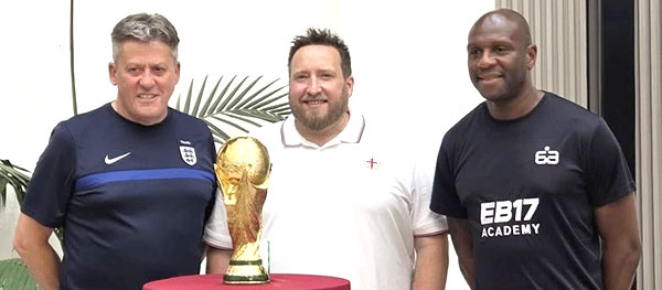 The replica trophy they took with them, pictured left to right, Gordon Johnson, Mark Hayes and Emmerson Boyce.The replica trophy they took with them, pictured left to right, Gordon Johnson, Mark Hayes and Emmerson Boyce. The replica trophy they took with them, pictured left to right, Gordon Johnson, Mark Hayes and Emmerson Boyce.