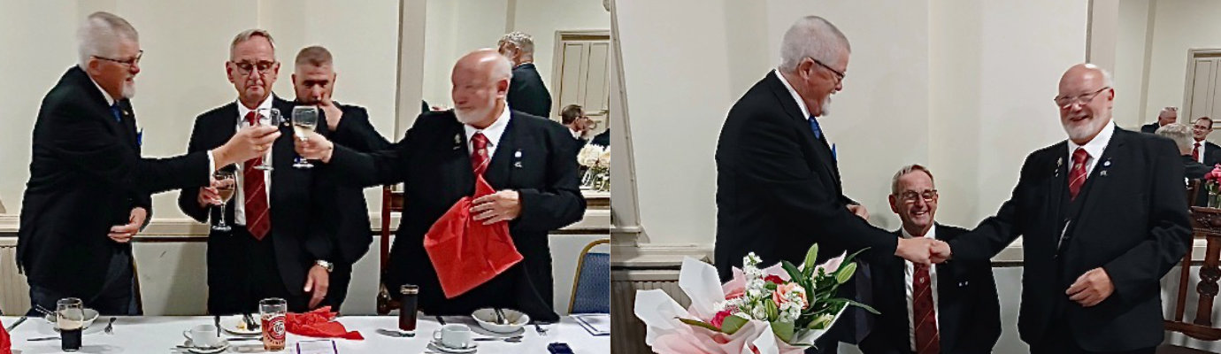 Pictured left from left to right, are: (standing foreground) David Barr, Ian Thompson and Michael Moore. Pictured right: David Barr (standing left) thanking Michael Moore for the gifts from the chapter. Pictured left from left to right, are: (standing foreground) David Barr, Ian Thompson and Michael Moore.Pictured right: David Barr (standing left) thanking Michael Moore for the gifts from the chapter.