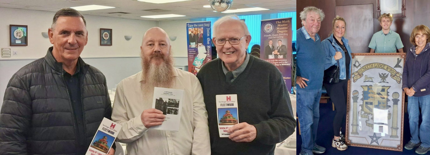 Pictured left from left to right, are: Eddie Wilkinson, Peter Dunn and Tony Blundell. Pictured right: James Drake  (centre right) explains the stunning Hesketh Lodge No 950 banner to the Palmer family.