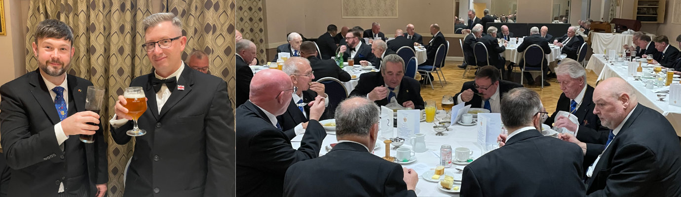 Pictured left: Paul Wharton (left) toasts John Boyd. Pictured right: Brethren enjoying the festive board.