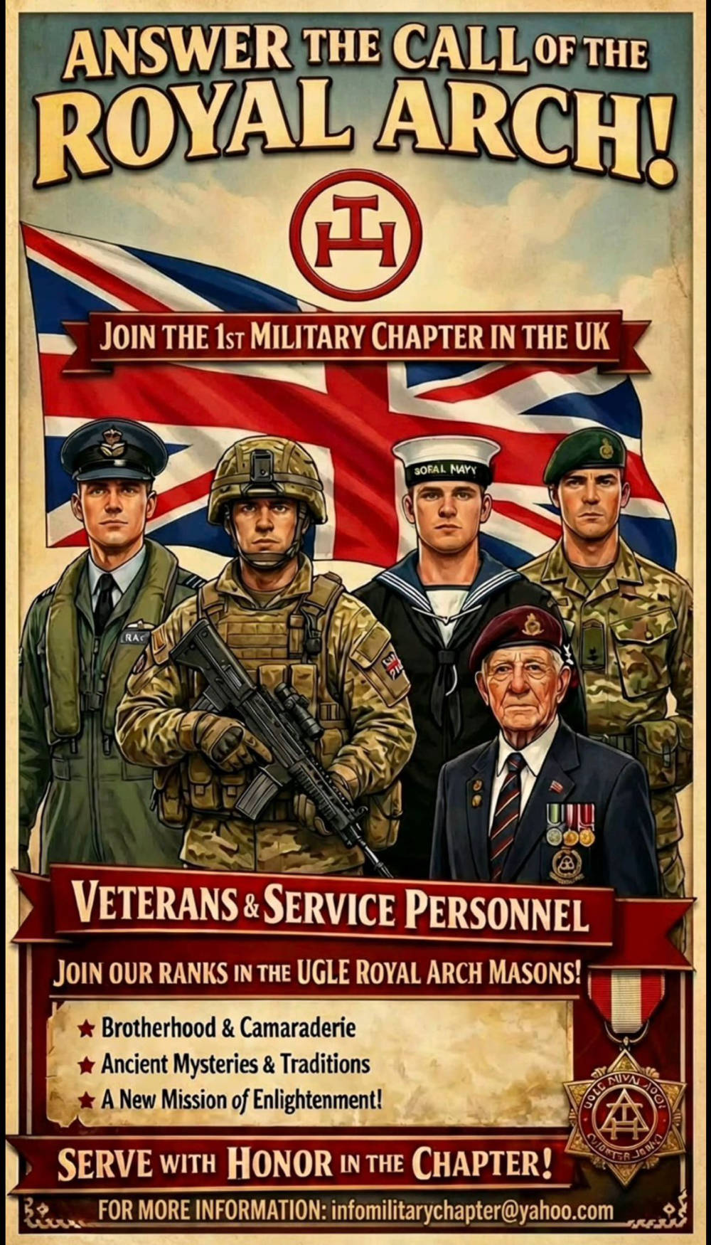 Recruitment poster inviting veterans and service personnel to answer the call of the Royal Arch