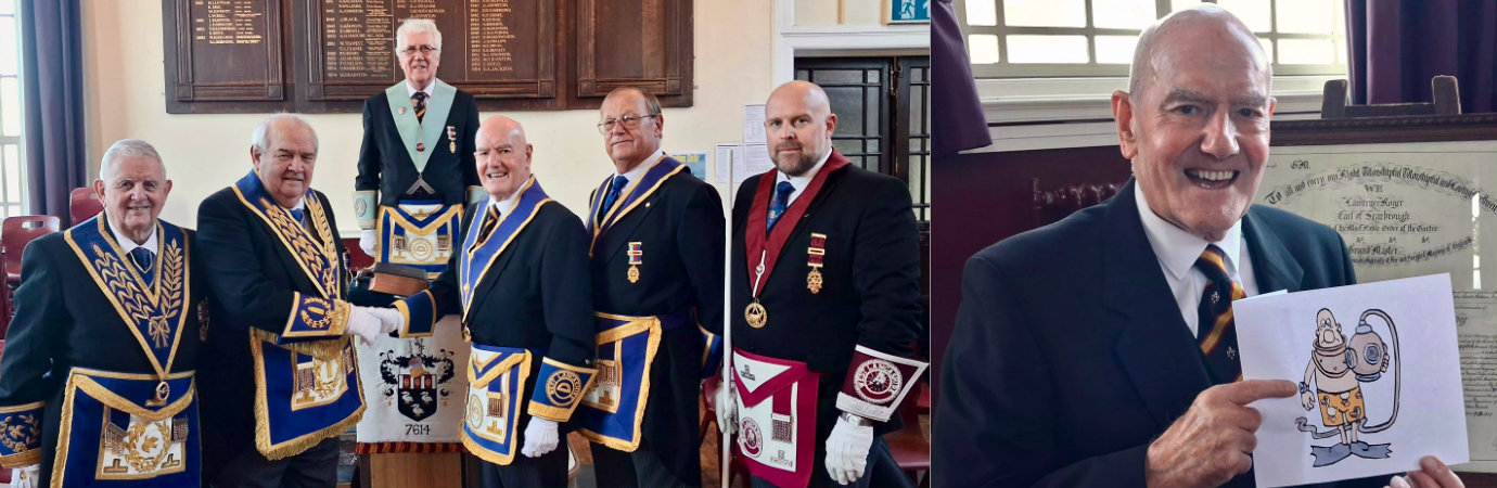 Pictured left from left to right, are: Stewart Seddon, Philip Gunning, John Lucas, Bill Pearce, Neil Latham, and Chris Upton. Pictured right: Bill Pearce with a diver cartoon, drawn by lodge secretary Colin Mills Pictured left from left to right, are: Stewart Seddon, Philip Gunning, John Lucas, Bill Pearce, Neil Latham, and Chris Upton. Pictured right: Bill Pearce with a diver cartoon, drawn by lodge secretary Colin Mills