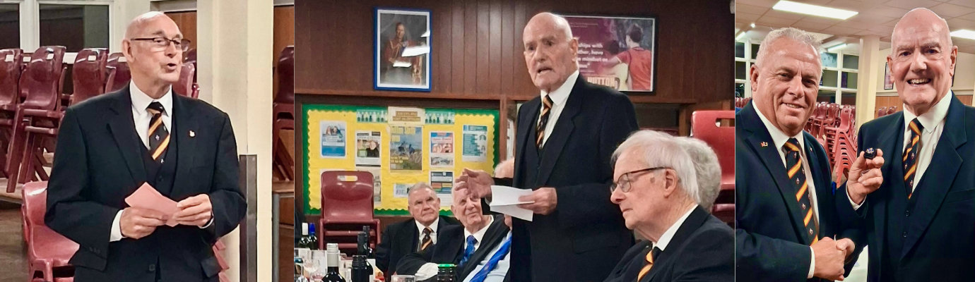 Pictured left: Arthur Marshall proposes the toast to Bill Pearce. Pictured centre: Bill Pearce (standing) responds to the toast to his health. Pictured right: John Topping (left) presents a 50 year lapel pin badge to Bill Pearce Pictured left: Arthur Marshall proposes the toast to Bill Pearce. Pictured centre: Bill Pearce (standing) responds to the toast to his health. Pictured right: John Topping (left) presents a 50 year lapel pin badge to Bill Pearce