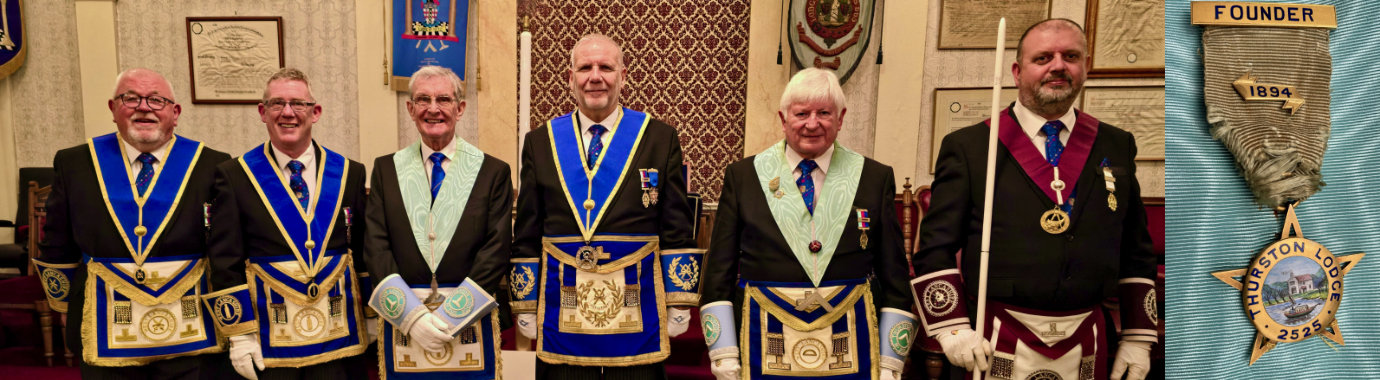 Pictured left from left to right, are: Harry Chatfield, Chris Gray, Jim Richards, Barry Fitzgerald, Stuart Brackstone and Matty Woods. Pictured right: The Thurston Lodge founder’s jewel that adorns the WM’s collar.
