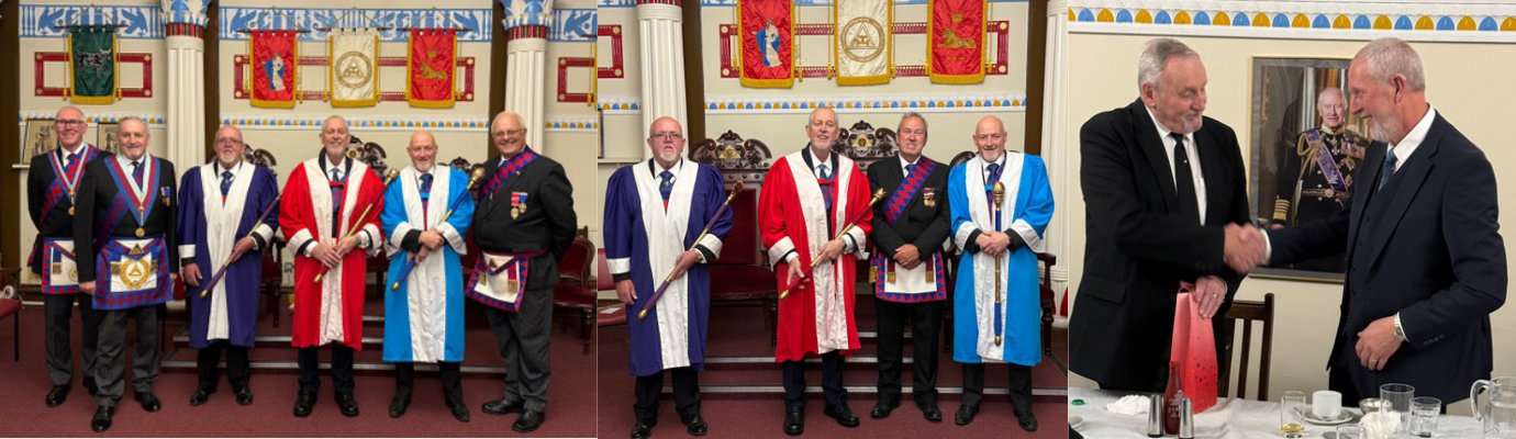Pictured left from left to right, are: Neil Francis, Sam Robinson, Stephen Crane, Stephen Carroll, Stephen Dovaston and John Reynolds. Pictured centre from left to right, are: Stephen Crane, Stephen Carroll, Ray Parr and Stephen Dovaston. Pictured right: Stephen Carroll (right) presents a gift to Sam Robinson.