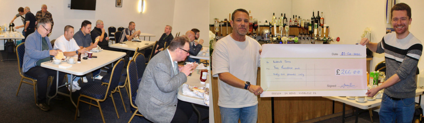 Pictured left: Brethren enjoying their breakfast meals. Pictured right: Aaron Longbottom and Neil Tottle with the cheque donation.