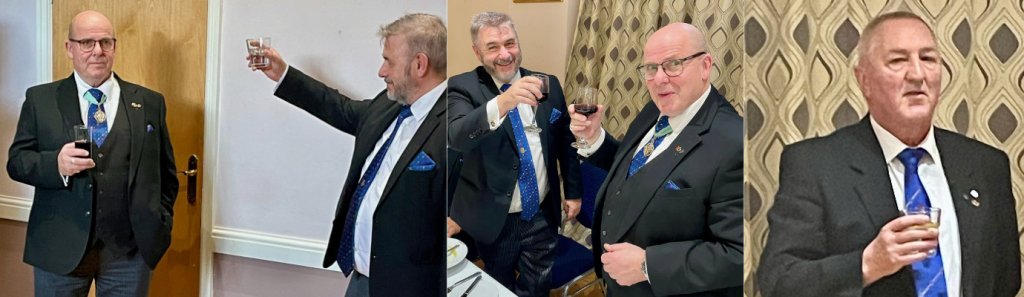 Pictured left and centre: Robb Fitzsimmons toasts Alan Routledge. Pictured right: John Hill sings the Master’s Song.